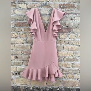 Selfie Leslie. Pink, open back, ruffled, sexy dress